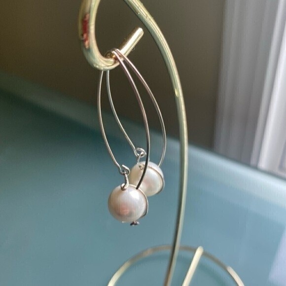 925 STERLING SILVER and Pearl Drop Earrings Handmade Jewelry - Picture 3 of 5